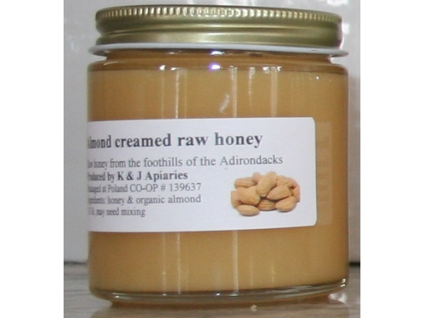K and J Apiaries Organically Flavored Almond Creamed Raw Honey in a 1/3 lb Jar